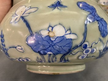 A Chinese blue and white celadon-ground censer, Kangxi